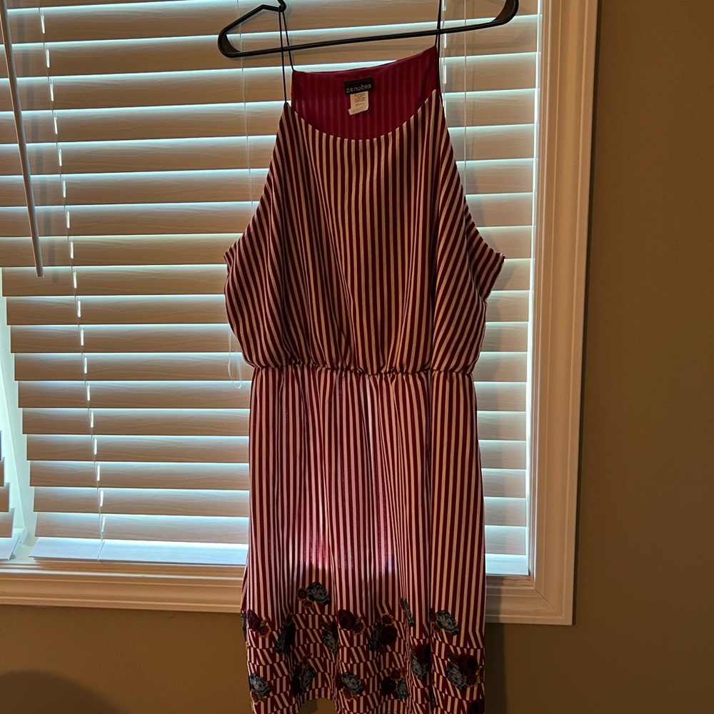 Red and white stripe mini dress with embroidered detail on bottom